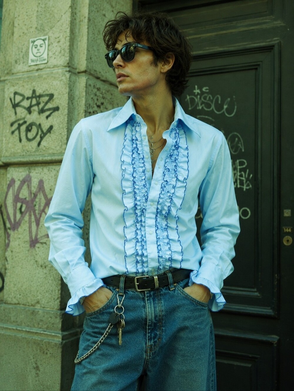 Vintage After Six Powder Blue Ruffled Tuxedo Shirt – Union Made USA. Unisex